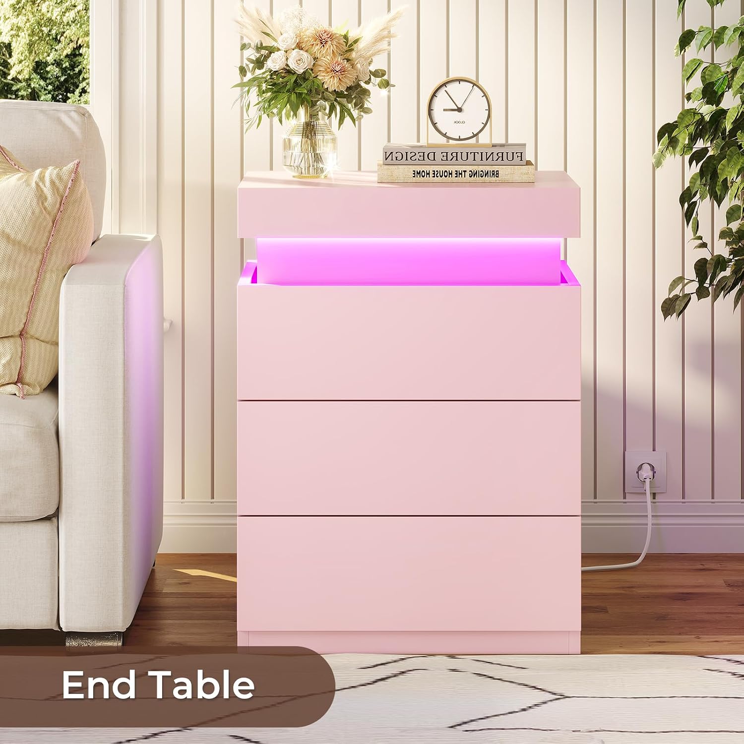BTHFST LED Pink Nightstands Set of 2 with Charging Station | Nightstand with Sliding Top,Bedside Table with Power Outlets & Drawers,Modern Side Table