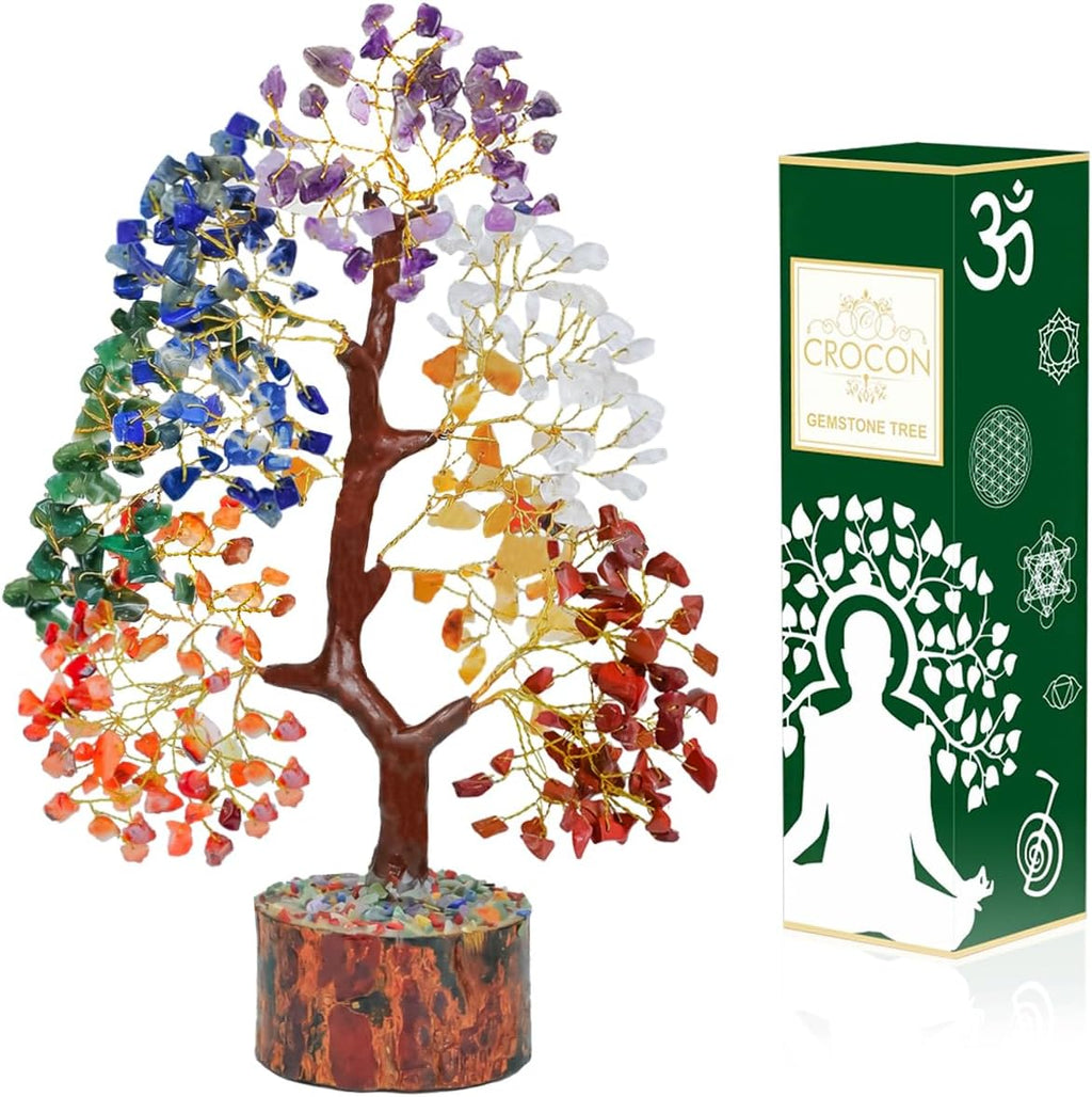 Crocon® 7 Chakra Crystal Tree of Life, Healing Crystals Tree 10-12 Inch, Birthday Gift for Women, Feng Shui, Money Trees, Positive Energy, Good Luck, Home Office Decor, Spiritual Gifts for Women