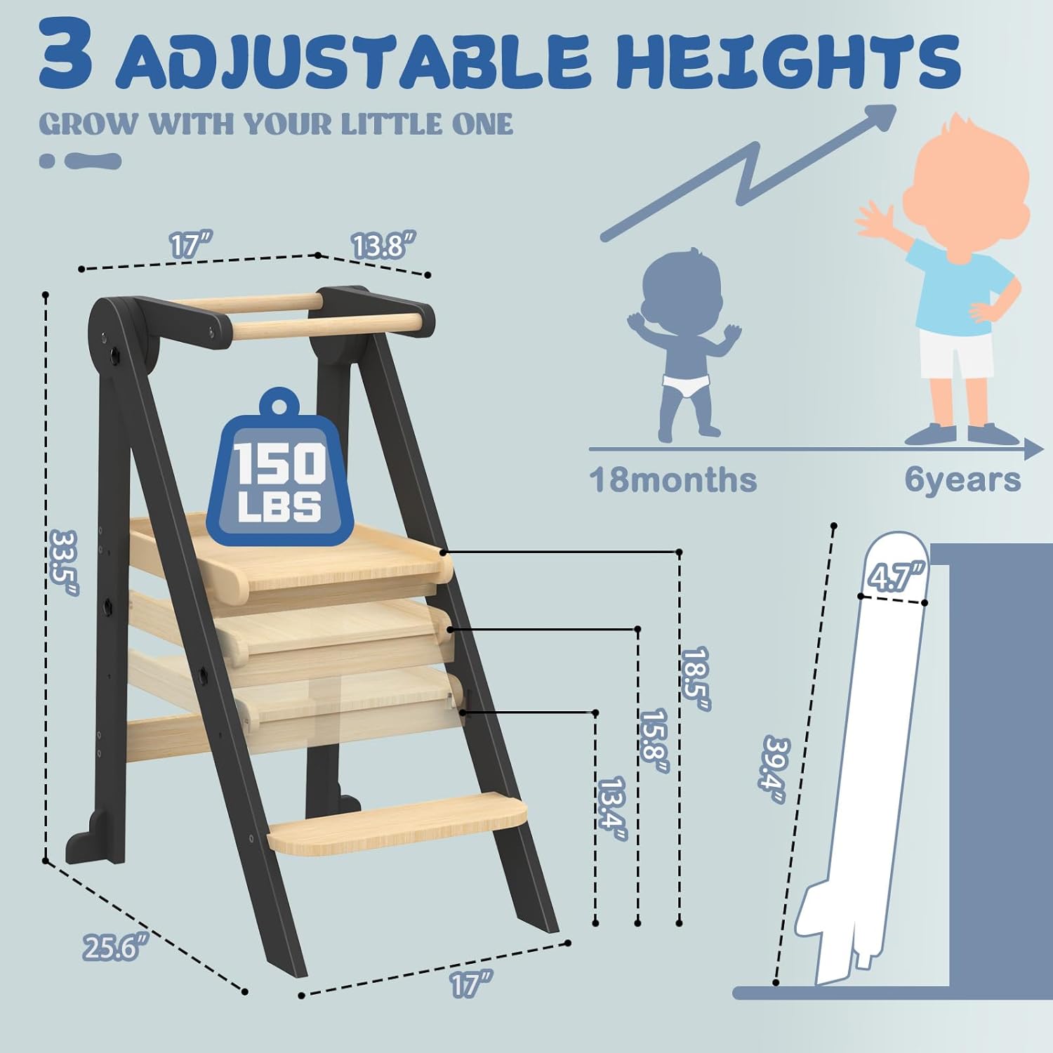 Foldable Toddler Kitchen Stool Helper, Toddler Standing Tower with 3 Adjustable Heights, Collapsible Wooden Step Stool for Kitchen & Bathroom, Montessori Learning Helper Tower for Toddlers Aged 1-6