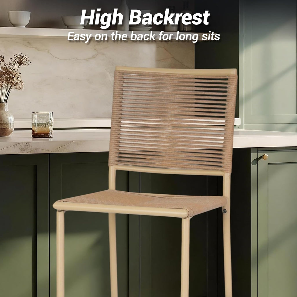 30" Patio Bar Stools Set of 4, Ergonomic Outdoor Wicker Bar Chairs with High Backrest, All-Weather Rope-Like Rattan Bar Height Barstools for Kitchen Island, Garden, Porch, Yellow
