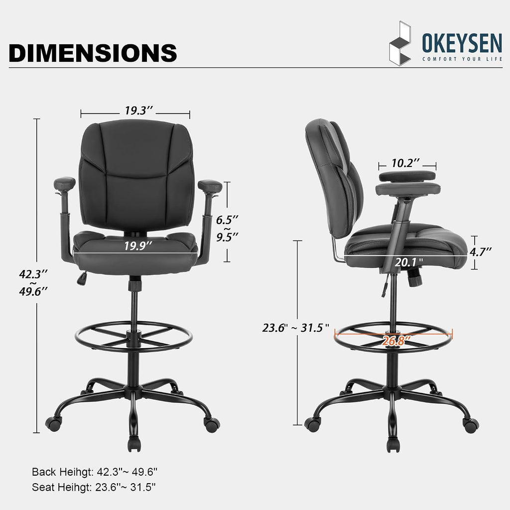 Okeysen Drafting Chair Standing Desk Chair, 500 LBS Leather Big and Tall Office Chair with Adjustable Armrests & Foot Ring, Modern Tall Desk Chair with Mid Back, Swivel Rolling Drafting Stool.