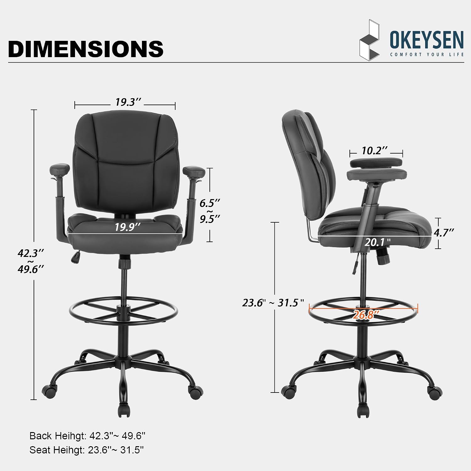 Okeysen Drafting Chair Standing Desk Chair, 500 LBS Leather Big and Tall Office Chair with Adjustable Armrests & Foot Ring, Modern Tall Desk Chair with Mid Back, Swivel Rolling Drafting Stool.