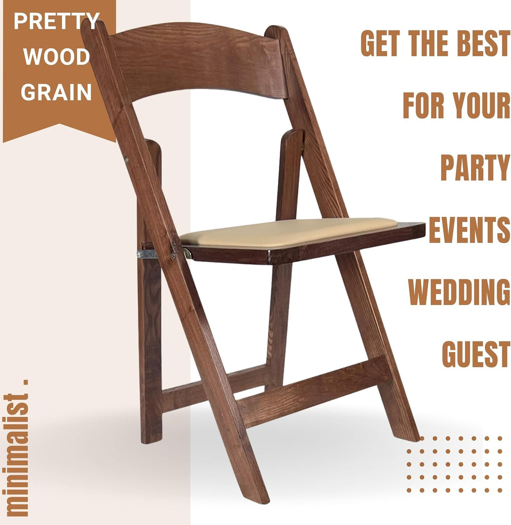 Wooden Folding Chairs with Cushion, Stackable Commercial Seats, Chairs for Weddings, Banquets, and Events, Set of 4, Classic Fruitwood