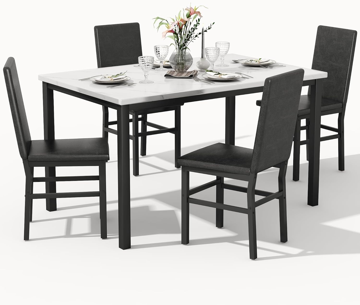 Dining Table Set for 4, 5-Piece Faux Marble Dining Set,4 Upholstered PU Chairs, Modern Kitchen Table Furniture for Dining Room,Compact Space-Saving Faux Marble Tabletop (White + Black)