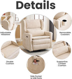Oversized Swivel Rocker Recliner with Lumbar Cushion, Power Recliner Nursery Chair with Adjustable Headrest, Nursery Glider Recliner for Living Room, Beige