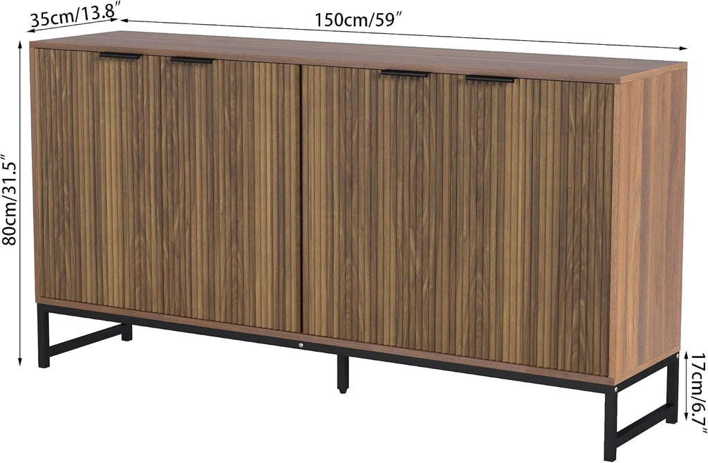 Fiogmub Fluted Accent Storage Cabinet, Kitchen Sideboard Buffet with 4 Fluted Doors, Adjustable Shelves for Living Room, Dining Room, Hallway (Walnut)