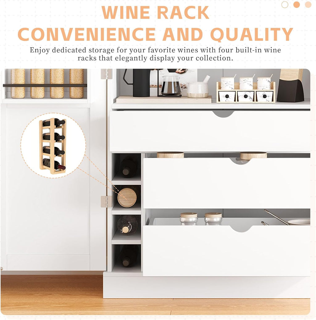 77'' Tall Freestanding Kitchen Pantry Cabinet, 35"L x 17.7"W Modern Shaker Style Cupboard with Adjustable Shelves, Wine Racks, Power Outlet & USB Ports, Anti-Tip Design, Easy Assembly (White)