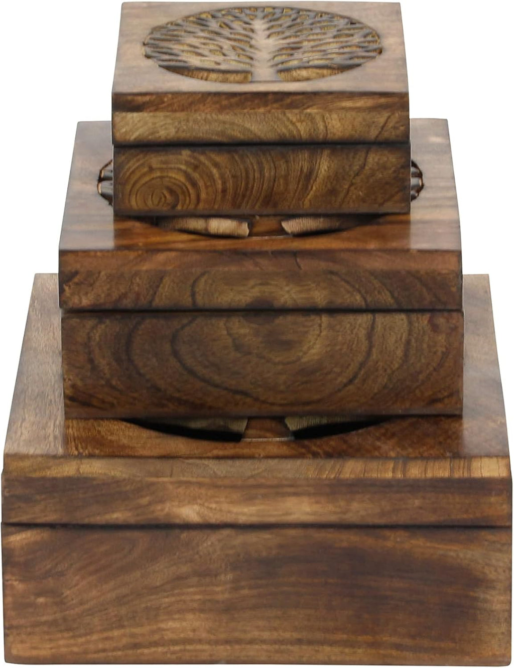 Deco 79 Wood Tree Handmade Decorative Box Decorative Keepsake Boxes with Hinged Lid, Set of 3 Storage Boxes, Brown