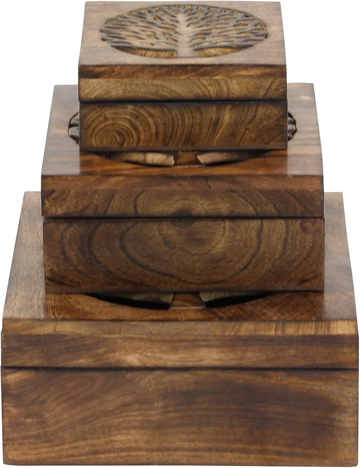 Deco 79 Wood Tree Handmade Decorative Box Decorative Keepsake Boxes with Hinged Lid, Set of 3 Storage Boxes, Brown