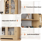 70" Kitchen Pantry Storage Cabinet - Modern Display Pantry Storage with 4 Arched Glass Doors and Adjustable Shelves, Versatile Cupboard Organizers for Kitchen, Dining Room, Living Room, Natural