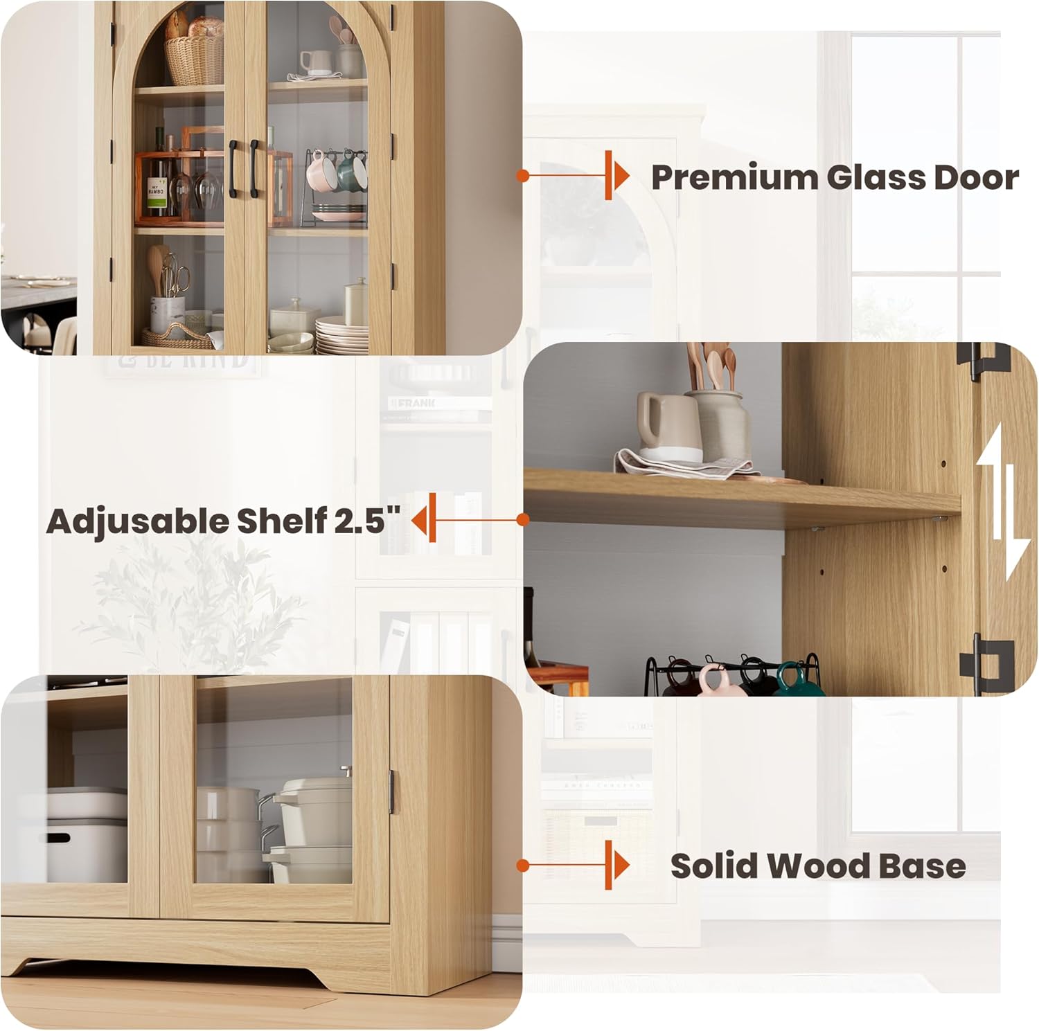 70" Kitchen Pantry Storage Cabinet - Modern Display Pantry Storage with 4 Arched Glass Doors and Adjustable Shelves, Versatile Cupboard Organizers for Kitchen, Dining Room, Living Room, Natural