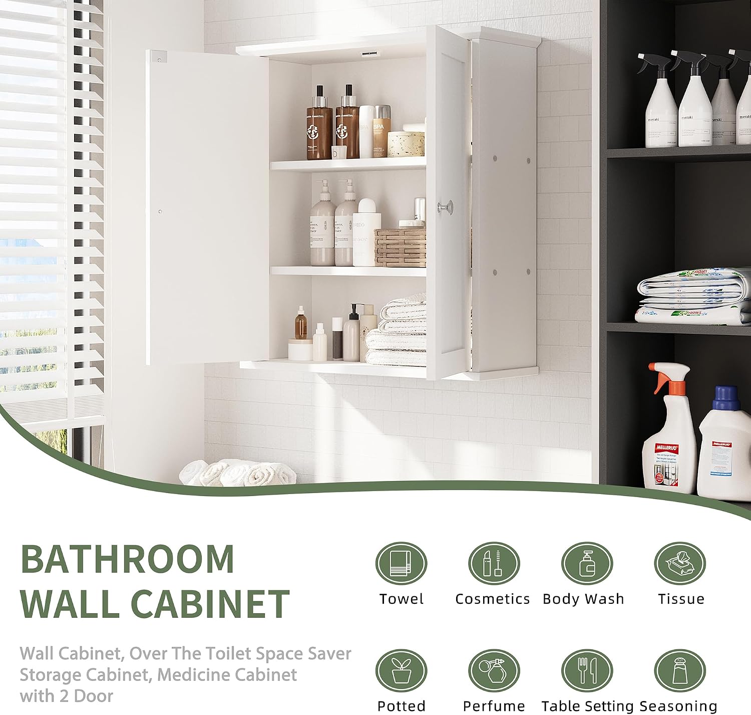 Walsunny Bathroom Medicine Cabinet Wall Mount with 2 Doors and 2 Shelves, Small Bathroom Cabinet Wooden Storage Cabinet Over Toilet Restroom Laundry Room Kitchen, White