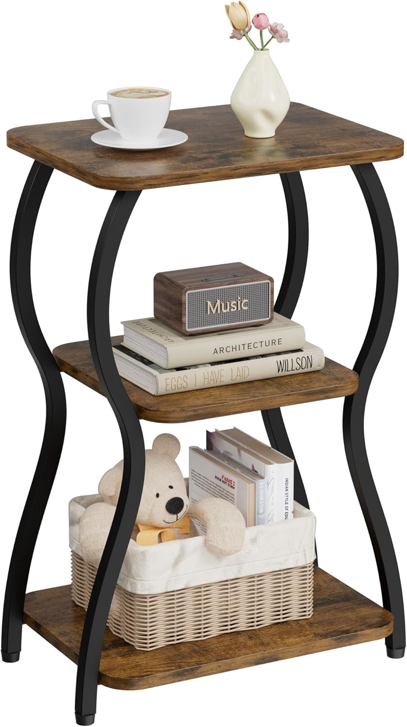 JUSTOGO Side Table, Small End Table for Small Spaces, 3-Tier Tall Nightstand Sofa Corner Accent Table Coffee Table with Storage Shelf for Living Room, Bedroom, Patio, Home Decor, Rustic Brown