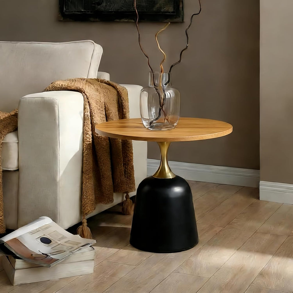 Modern 23.6" Round End Table, Wood Grain Side Table with Heavy-Duty Metal Base, Small Coffee Table for Living Room, Minimalist Nightstand for Bedroom, Simple & Sturdy Bedside Table (Wood)