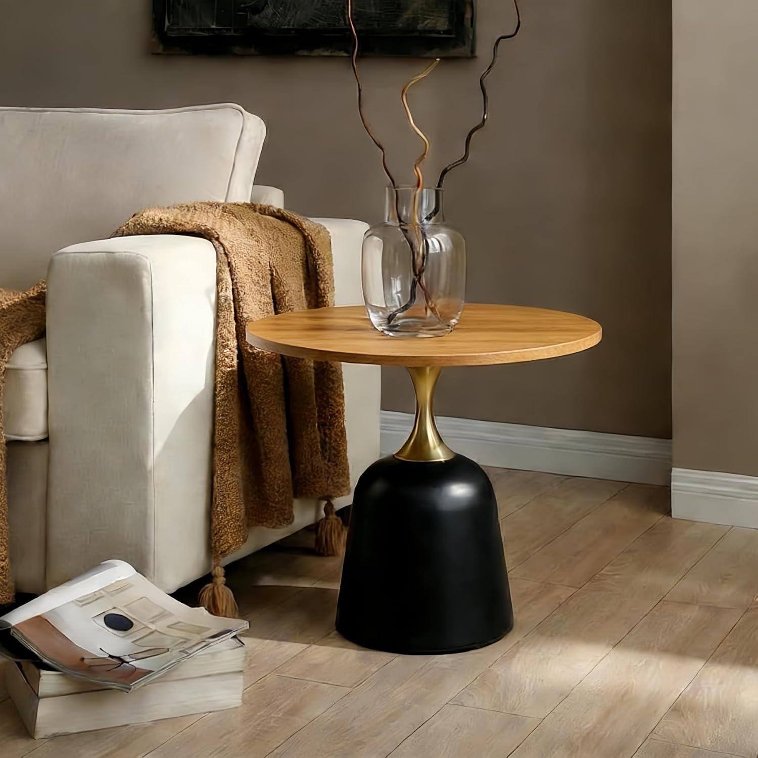 Modern 23.6" Round End Table, Wood Grain Side Table with Heavy-Duty Metal Base, Small Coffee Table for Living Room, Minimalist Nightstand for Bedroom, Simple & Sturdy Bedside Table (Wood)