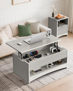 Marsail Lift-Top Coffee Table, Fluted Center Table with Hidden Compartments, Smooth Lifting & Space-Saving Design, Versatile Wood Coffee Table for Living Room and Office, Grey