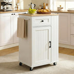 HOOBRO Kitchen Island on Wheels, Kitchen Island Cart with Power Outlet, Kitchen Storage Island with Spice Rack and Drawer, Island Table for Kitchen & Dining Room, White and Natural WN36UZD01