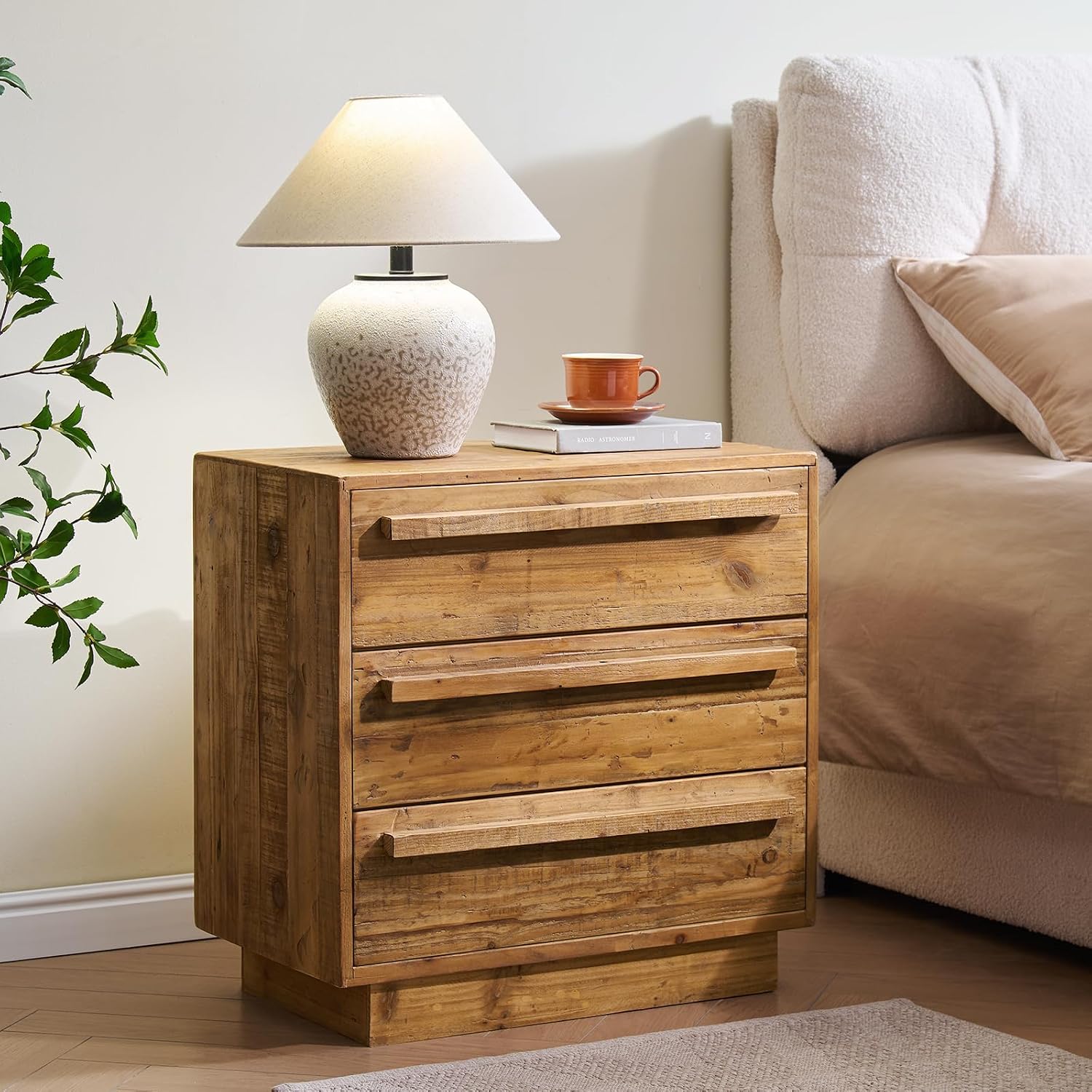 HOKYHOKY Set of 2 Reclaimed Solid Wood Nightstand-24 Inches Large End Table with 3 Drawers, Pre-Assembled Farmhouse Bedside Tables for Living Room, Bedroom