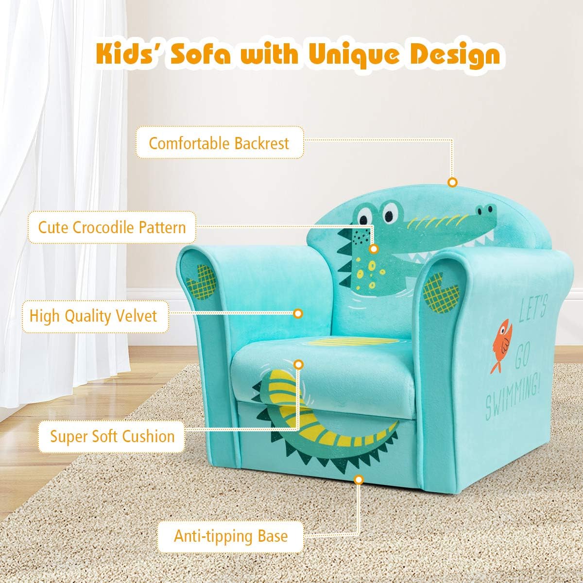 KOTEK Kids Sofa Chair with Cute Pattern, Toddler Upholstered Chair w/Armrest & Backrest, Wooden Frame, Kids Couch Children Armchair for Boys Girls, Mini Sofa Chair for Preschool Children (Crocodile)