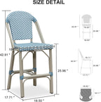 PURPLE LEAF Oversized Outdoor Counter Height Bar Stools Set of 2 26" French Bar Height Stool Bamboo Print Finish Patio Bar Stools with Back Rattan for Garden Kitchen, Light Blue