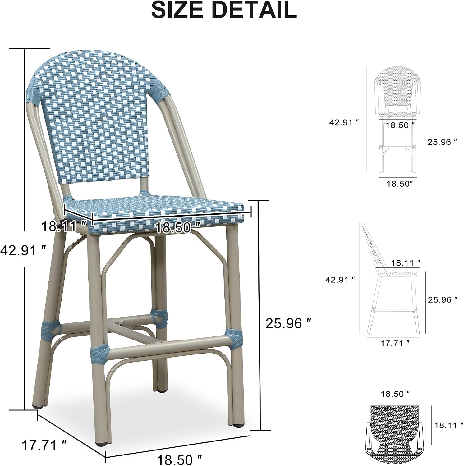 PURPLE LEAF Oversized Outdoor Counter Height Bar Stools Set of 2 26" French Bar Height Stool Bamboo Print Finish Patio Bar Stools with Back Rattan for Garden Kitchen, Light Blue