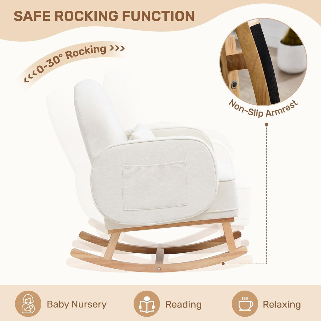 HCHAIRH Rocking Chair with Ottoman, Upholstered Glider Rocker with High Backrest and Side Pocket, Comfy Chenille Reading Chair with Solid Wood Legs for Nursery, Living Room,Bedroom Beige