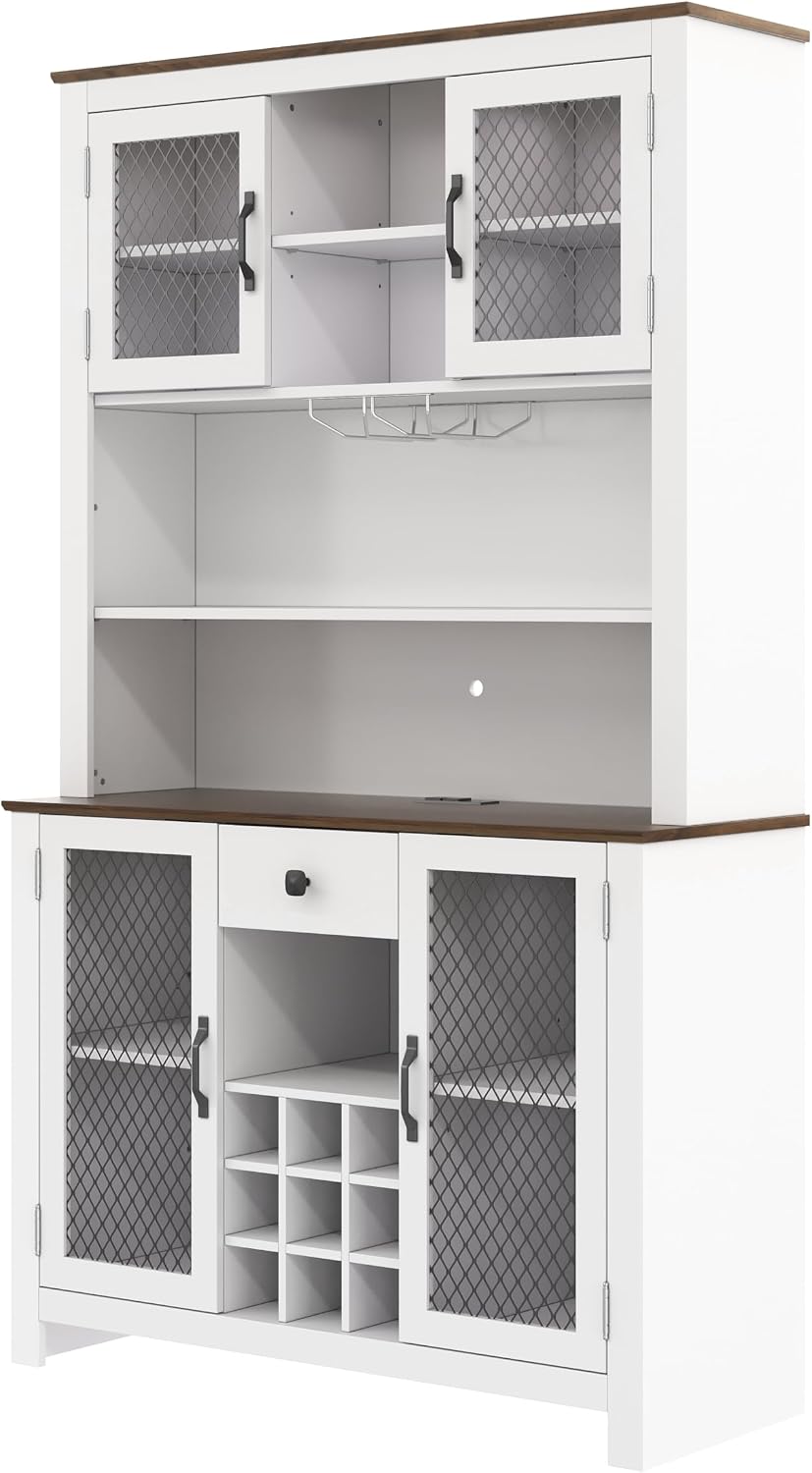 DSHADE 70.9" White Rustic Farmhouse Kitchen Pantry Cabinet with Built-in Power & USB Outlets, Wine Rack, Stemware Rack, LED Light, Adjustable Shelves for Dining Room