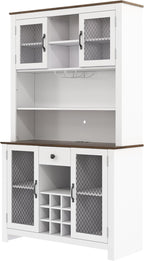 DSHADE 70.9" White Rustic Farmhouse Kitchen Pantry Cabinet with Built-in Power & USB Outlets, Wine Rack, Stemware Rack, LED Light, Adjustable Shelves for Dining Room