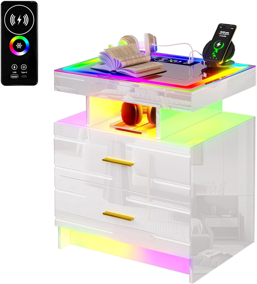WOOVIVS Smart Nightstand with RGB Lights&Charging Station for Bedroom-White