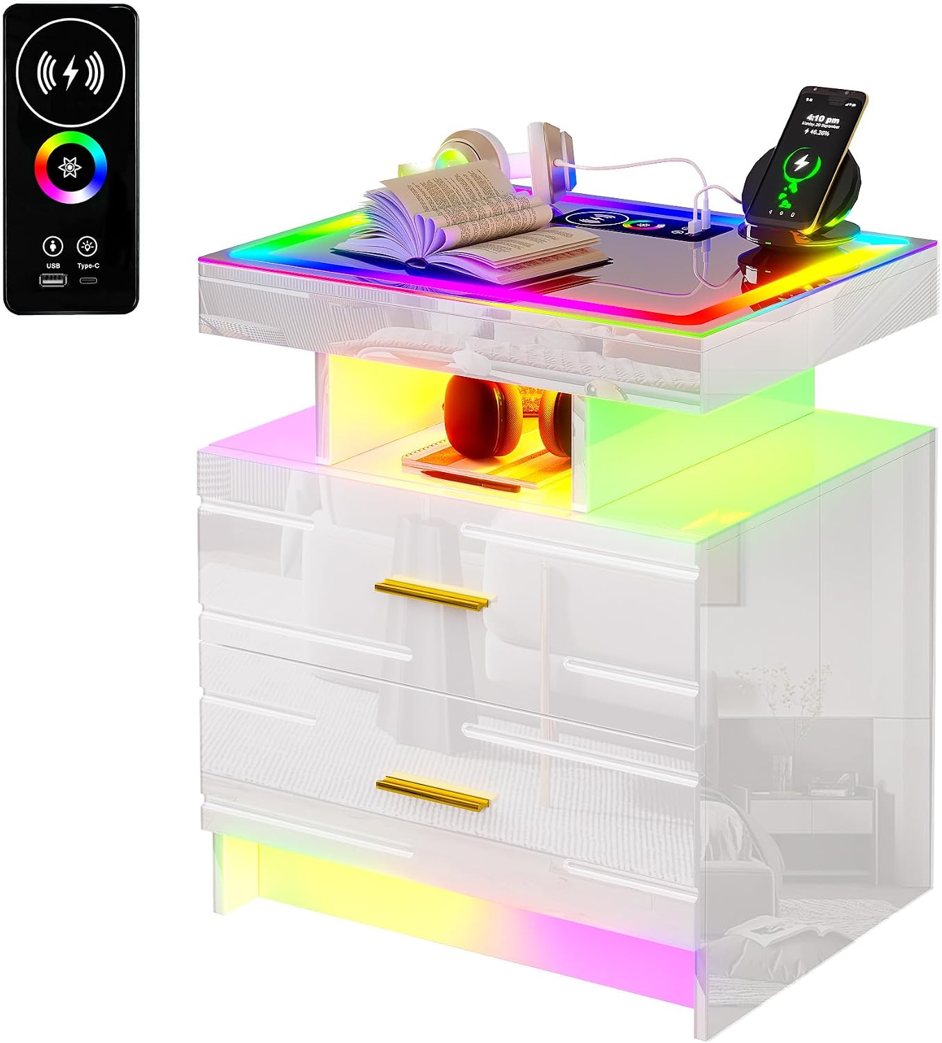 WOOVIVS Smart Nightstand with RGB Lights&Charging Station for Bedroom-White