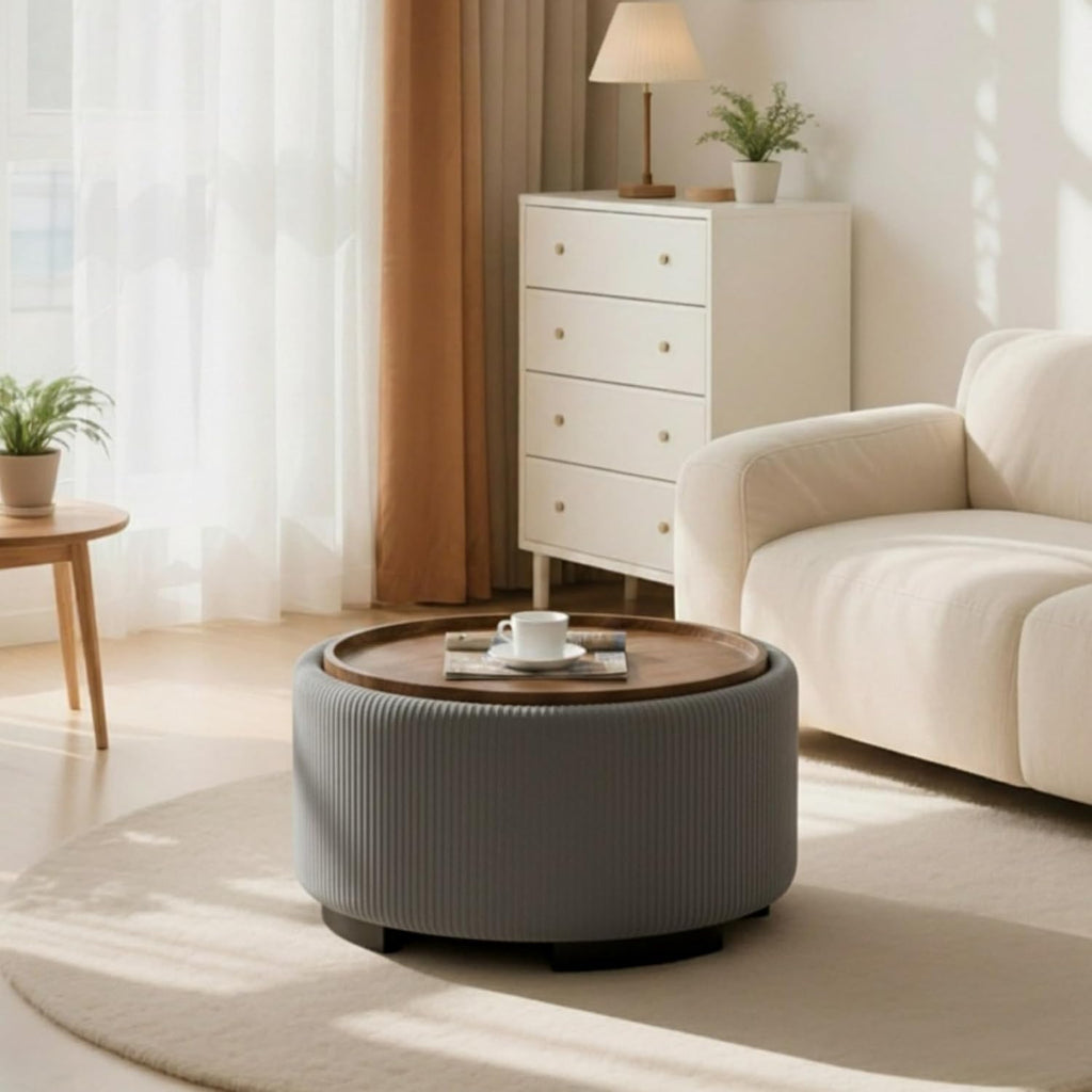 29.5 Inch Round Storage Ottoman Coffee Table,Modern Circle Coffee Table with Storage with Removable Lid Top and Solid Wood Legs,Large Round Ottoman for Bedroom,Living Room,Velvet,Grey