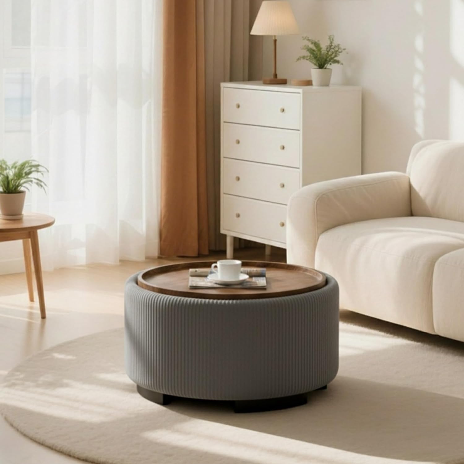 29.5 Inch Round Storage Ottoman Coffee Table,Modern Circle Coffee Table with Storage with Removable Lid Top and Solid Wood Legs,Large Round Ottoman for Bedroom,Living Room,Velvet,Grey