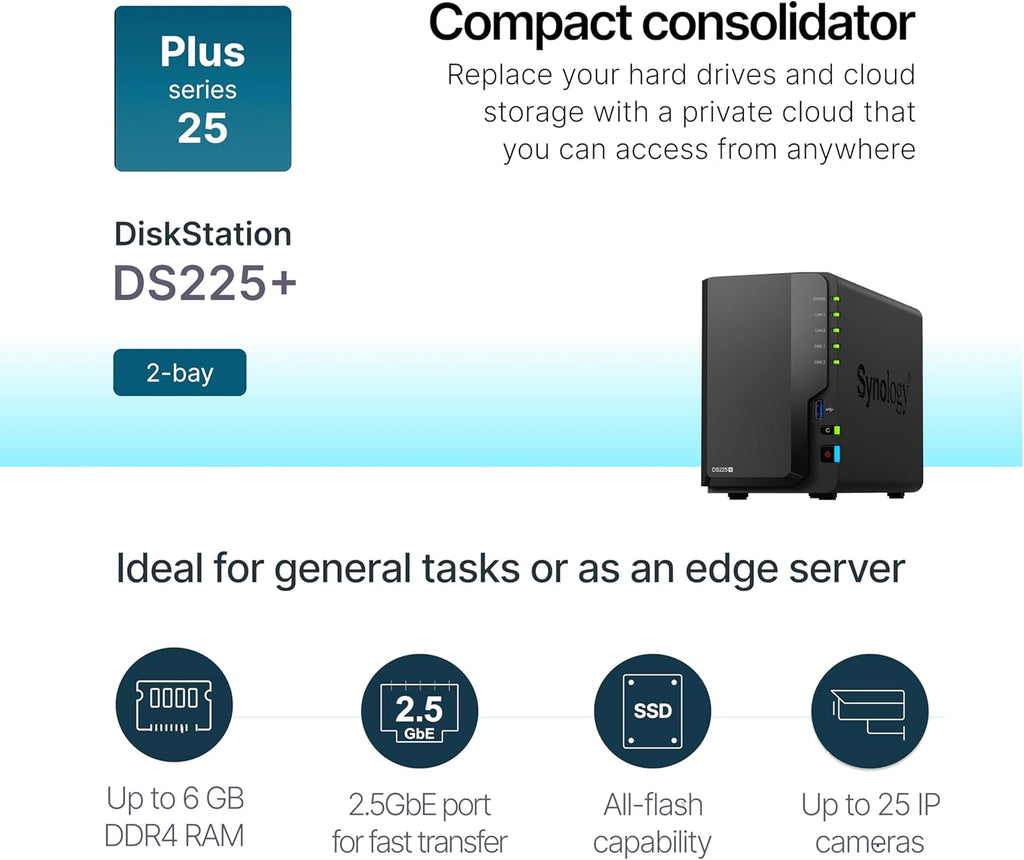 Synology DS225+ Private Cloud Media Server - Stream, Back Up Photos & Share Files, Intel CPU for Hardware Transcoding (2-Bay Diskless NAS)