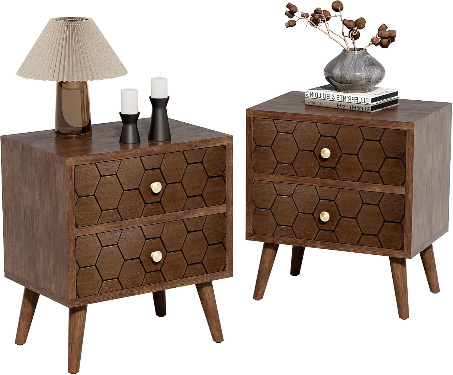 HOMPUS Wood Nightstand Set of 2, Modern Nightstand with Drawers Set 2 w Honeycomb Pattern, Small 2 Drawer Dresser, Bedside End Table with Solid Wood Legs for Bedroom, Dorm, Brown