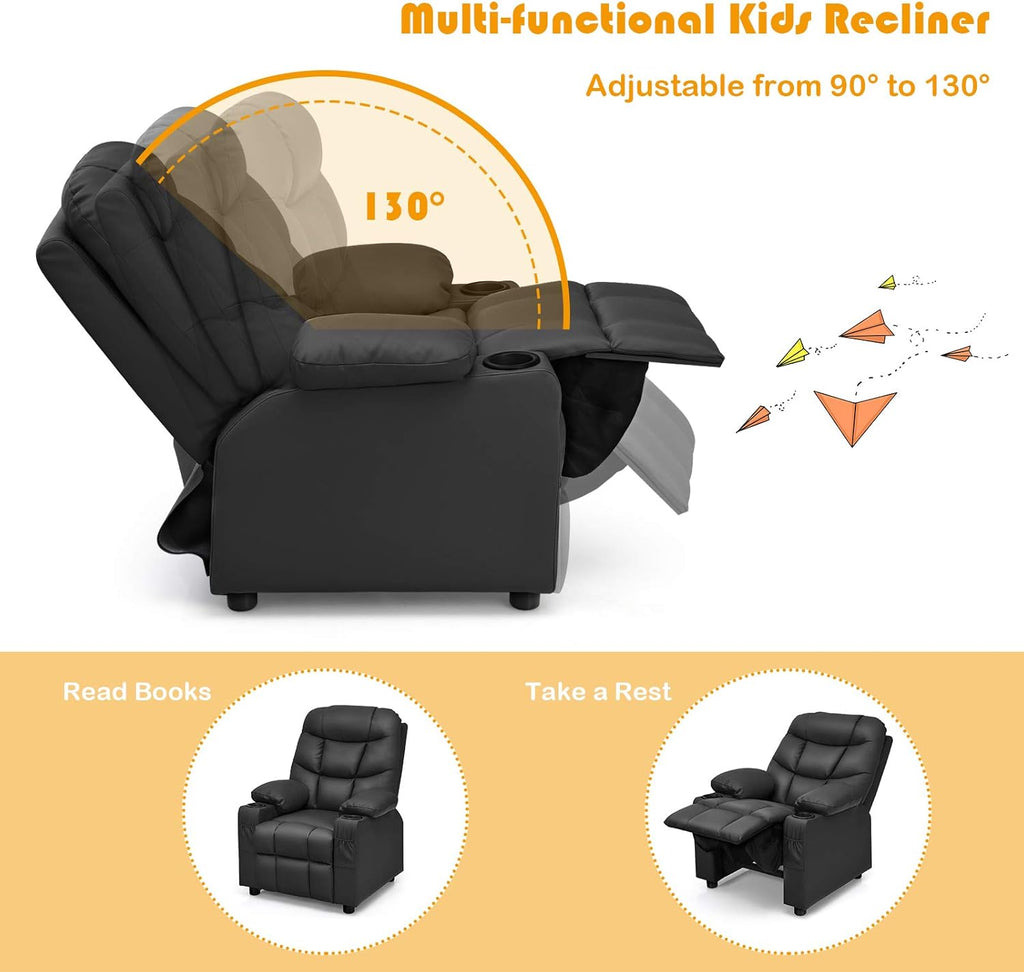 MAT EXPERT Kids Recliner, Leather Adjustable Reading Gaming Chair w/ 2 Cup Holder, 3 Side Pocket Storage & Footrest, Kids Couch Toddler Lounge Chair for Boys Girls, Kids Room Playroom Nursery (Black)
