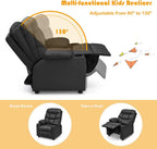MAT EXPERT Kids Recliner, Leather Adjustable Reading Gaming Chair w/ 2 Cup Holder, 3 Side Pocket Storage & Footrest, Kids Couch Toddler Lounge Chair for Boys Girls, Kids Room Playroom Nursery (Black)