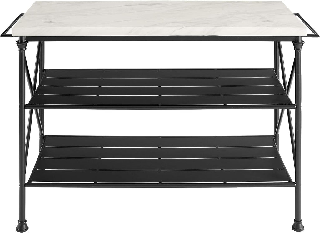 Crosley Furniture Madeleine Kitchen Island with Shelves for Storage, Microwave Stand, Coffee Bar, Steel with Faux Marble Top