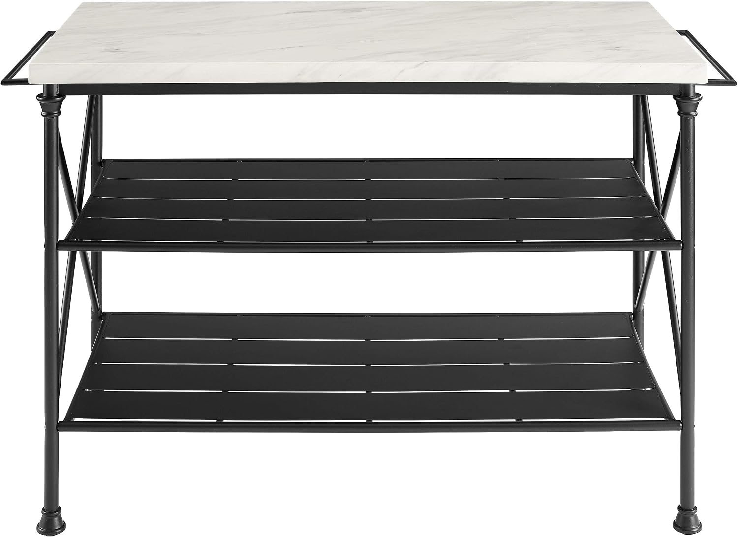 Crosley Furniture Madeleine Kitchen Island with Shelves for Storage, Microwave Stand, Coffee Bar, Steel with Faux Marble Top