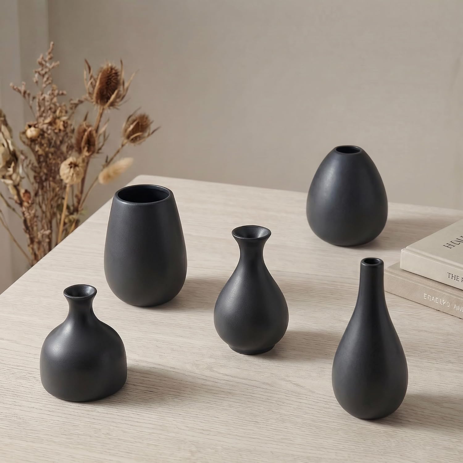 Black Bud Vases, Small Ceramic Vase Set of 11, Mini Pottery Vases for Flowers, Minimalist Boho Small Pampas Grass Flower Vase for Farmhouse Home Decor, Wedding Centerpiece, Shelf and Table Decoration