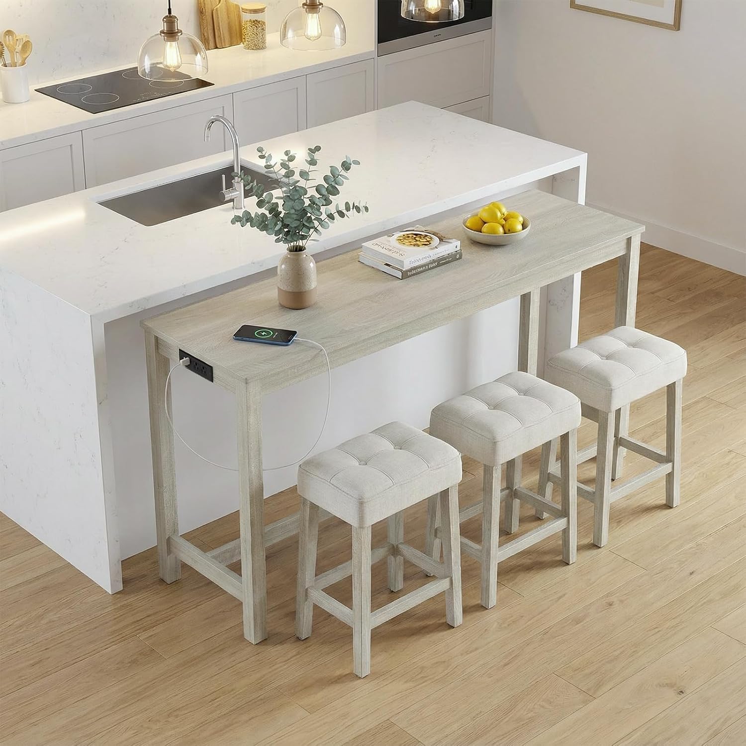 COSTWAY 4-Piece Breakfast Nook Bar Set with Built-in Charging Station, Counter Height Table with 3 Stools, Farmhouse Dining Room Table & Chairs with Wooden Frame & Cushioned Seat for Kitchen, Gray