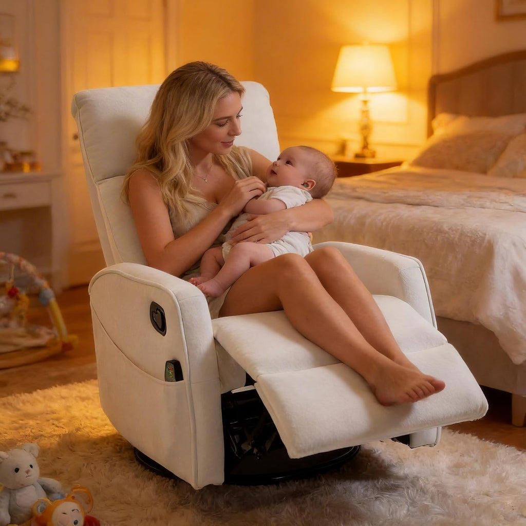 Manual Rocking Chair Nursery with Massage and Heat for Adults | Comfy High Back Swivel Gilder Rocker Recliner for Bedroom Living Room