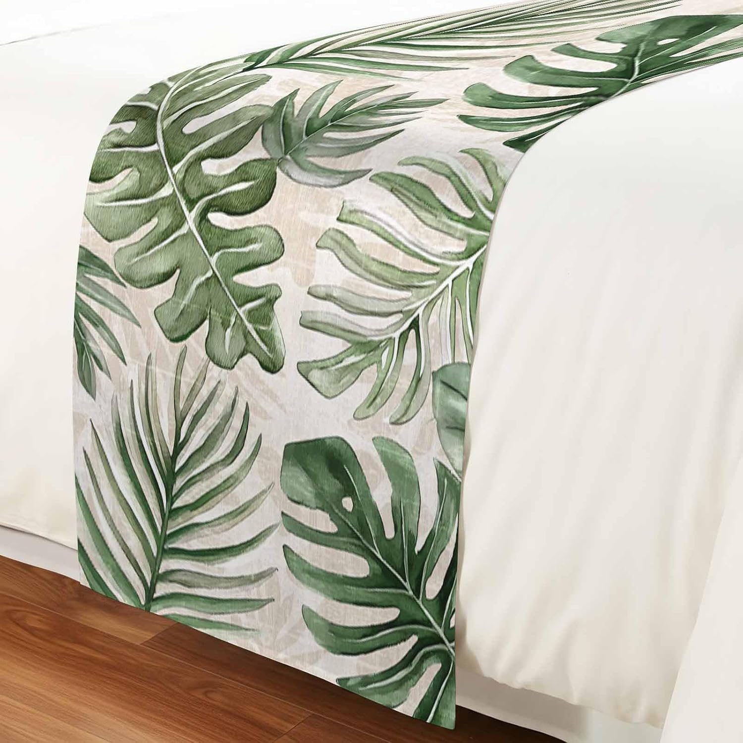 Green Monstera Deliciosa Bed Runner Scarf Cal King Size, Summer Botanical Tropical Vintage Luxury Bed Throw Runners & Scarves for Twin Full Queen King Foot of Beds, Bedroom Decoration, 102"x20"