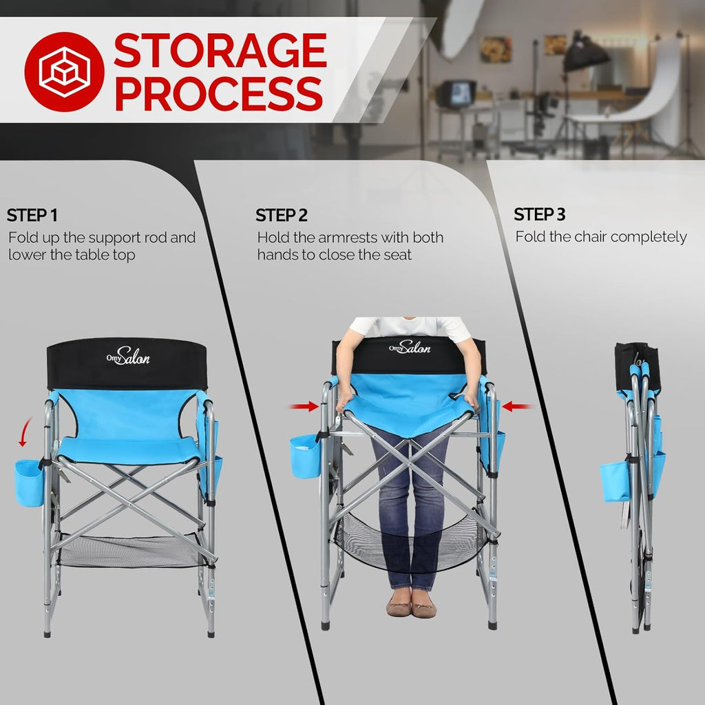OmySalon 26" Extra Tall Director Chair w/Side Table, Heavy-Duty Steel Frame Portable Folding Bar Stool w/Storage Pockets, for Makeup Artist, Salon, Studio, Camping, 301 lbs Capacity (Navy)