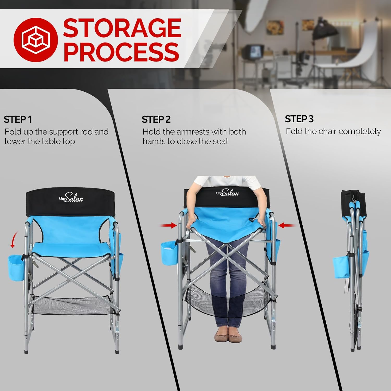 OmySalon 26" Extra Tall Director Chair w/Side Table, Heavy-Duty Steel Frame Portable Folding Bar Stool w/Storage Pockets, for Makeup Artist, Salon, Studio, Camping, 301 lbs Capacity (Navy)