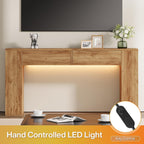 Farmhouse Console Table with LED Light and 2 Drawers, 55 inch Long Sofa Table Behind Couch, Narrow Entry Table for Entryway, Hallway, Entrance, Living Room, Natural Oak