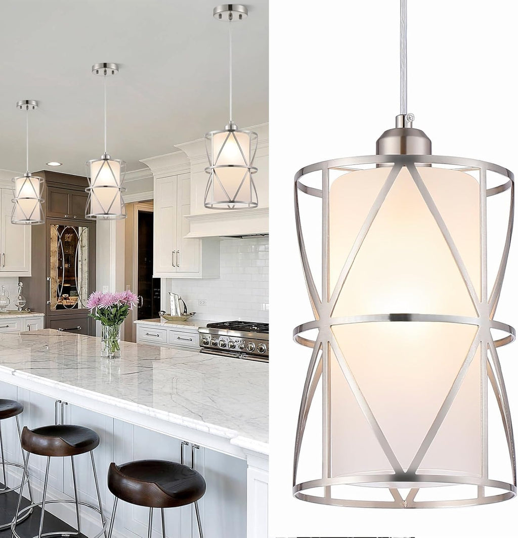Pendant Lights Kitchen Island with Frosted Glass, Brushed Nickel Hanging Kitchen Lights, Cylindrical Modern Pendant Light, Kitchen Pendant Lighting Over Island, Foyer, Dining Room, Entryway