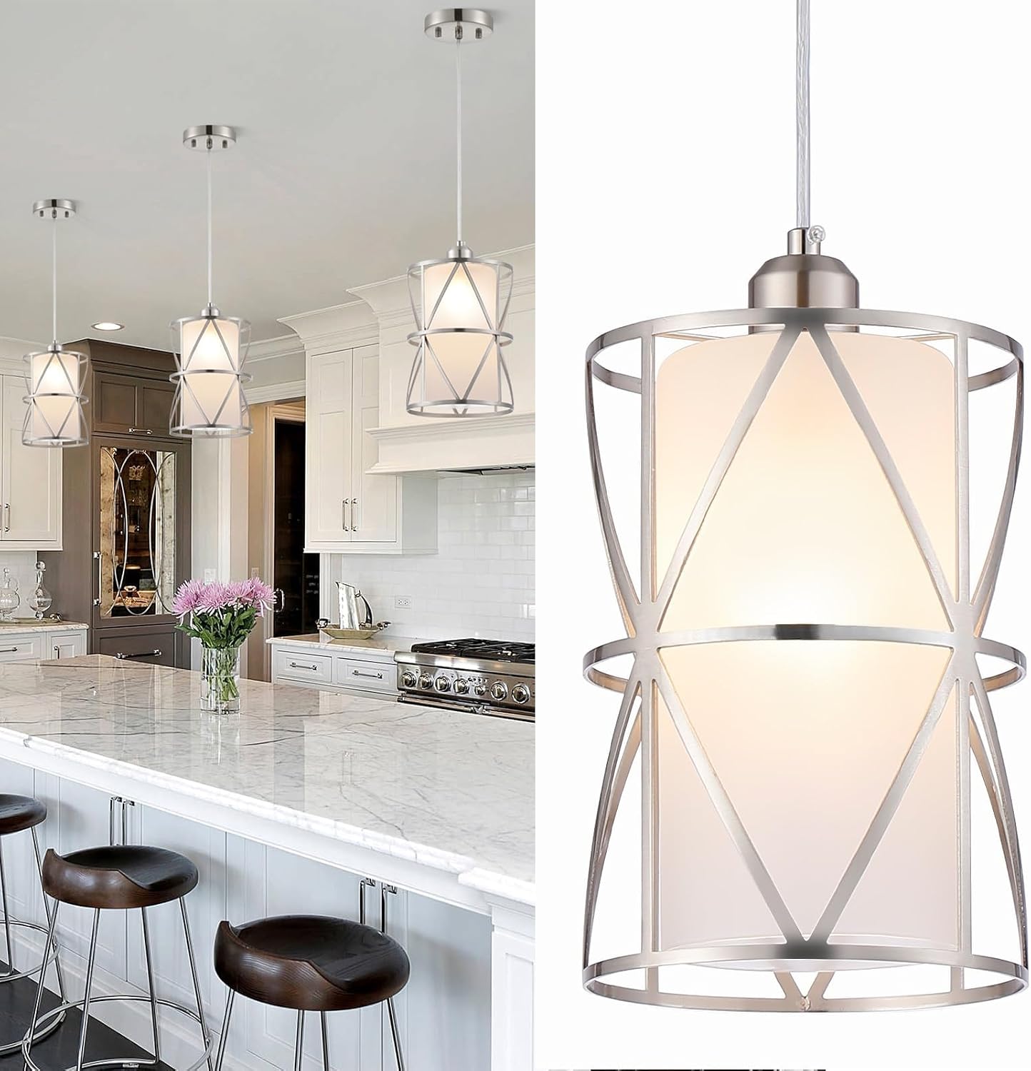 Pendant Lights Kitchen Island with Frosted Glass, Brushed Nickel Hanging Kitchen Lights, Cylindrical Modern Pendant Light, Kitchen Pendant Lighting Over Island, Foyer, Dining Room, Entryway