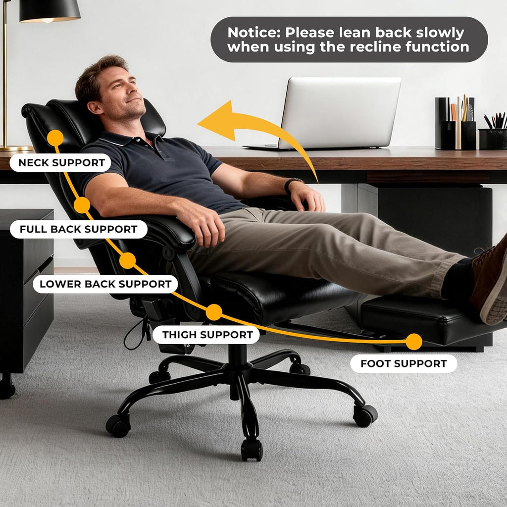 Massage Office Chair with Foot Rest and Heating, Executive Ergonomic Reclining Leather Office Chair, Big and Tall Desk Chair with Vibration Massager, Computer Gaming Chair for Home & Office Black