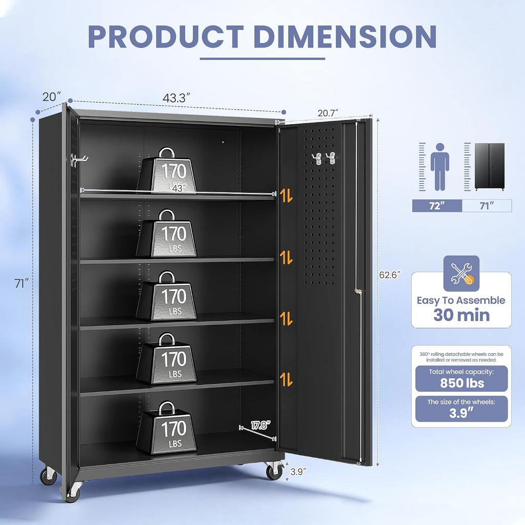 Metal Garage Storage Cabinet with Locking Doors and Adjustable Shelves, Wide & Deep Storage Cabinet on Wheels, 71" Rolling Tool Cabinet for Garage, Basement, Home Office