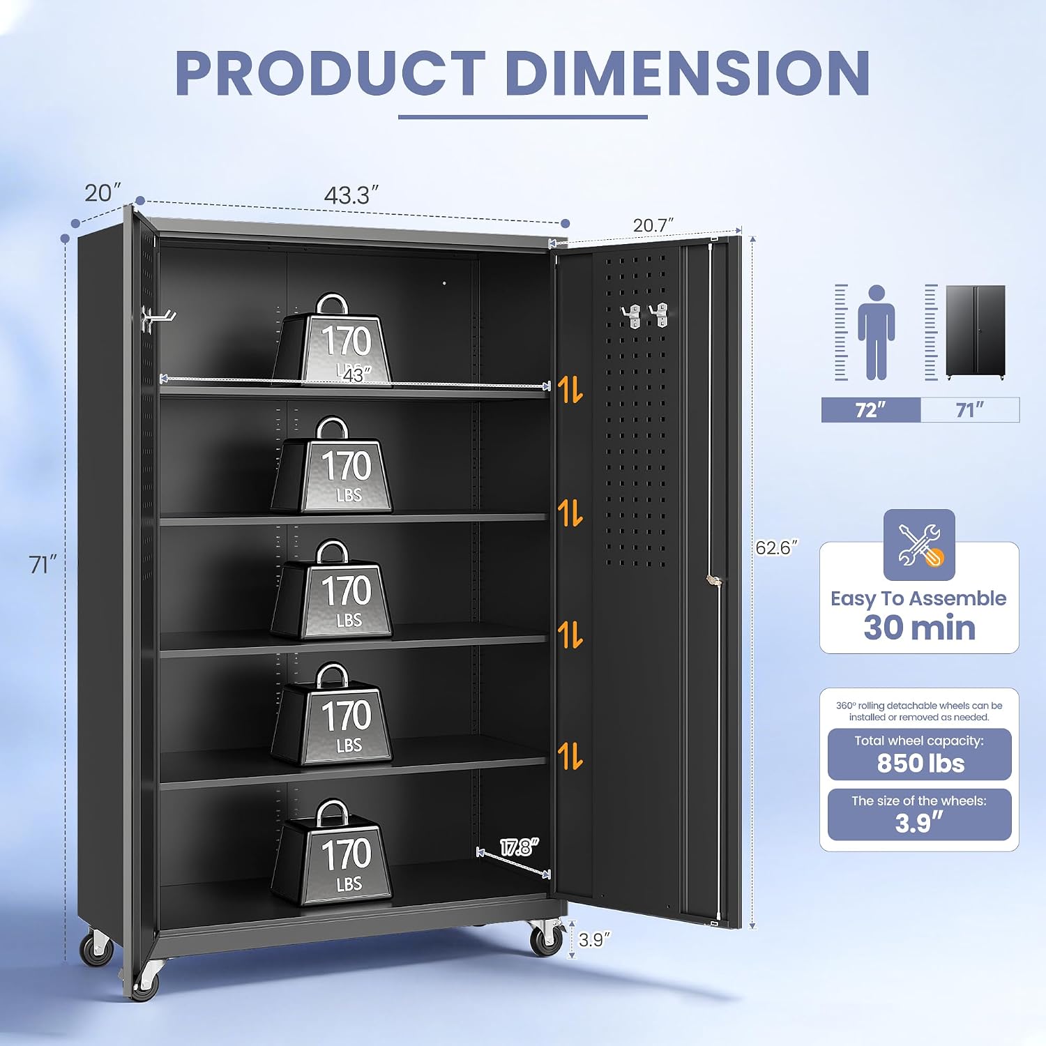 Metal Garage Storage Cabinet with Locking Doors and Adjustable Shelves, Wide & Deep Storage Cabinet on Wheels, 71" Rolling Tool Cabinet for Garage, Basement, Home Office